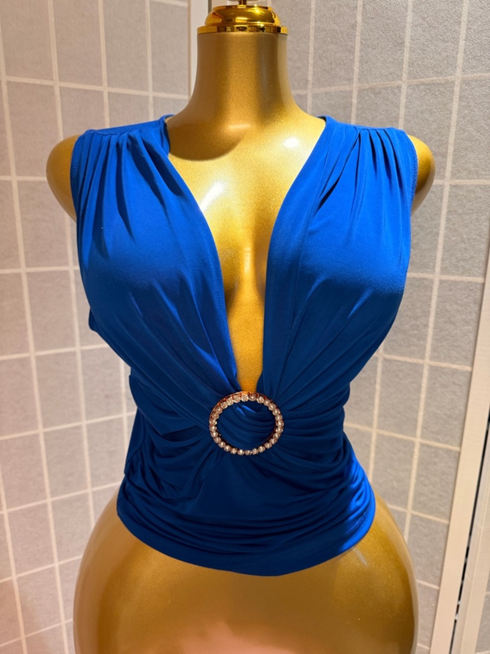 Heart Moon Star Royal Blue Plunging Ruched Camisole with Rhinestone Ring
